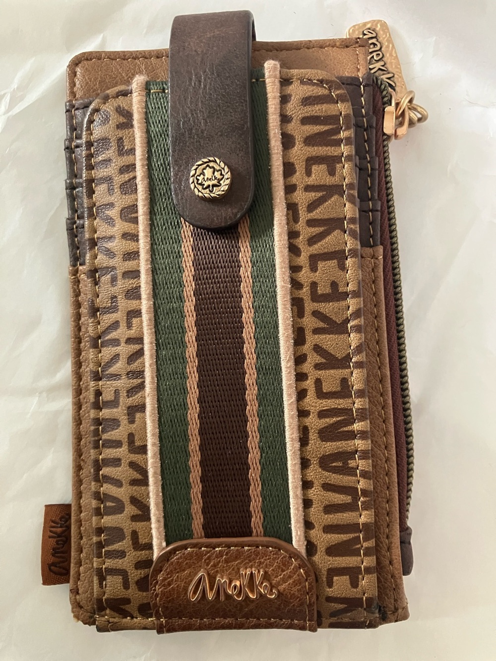 ANEKKE wallet  Brown Logo Zip Wallet with Gold Leaf Charm